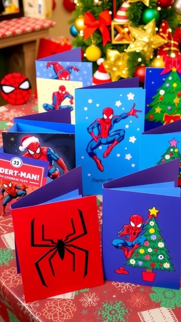 Spider-Man Themed Christmas Card Ideas A variety of Spider-Man Christmas cards featuring festive designs, displayed on a holiday-themed table.